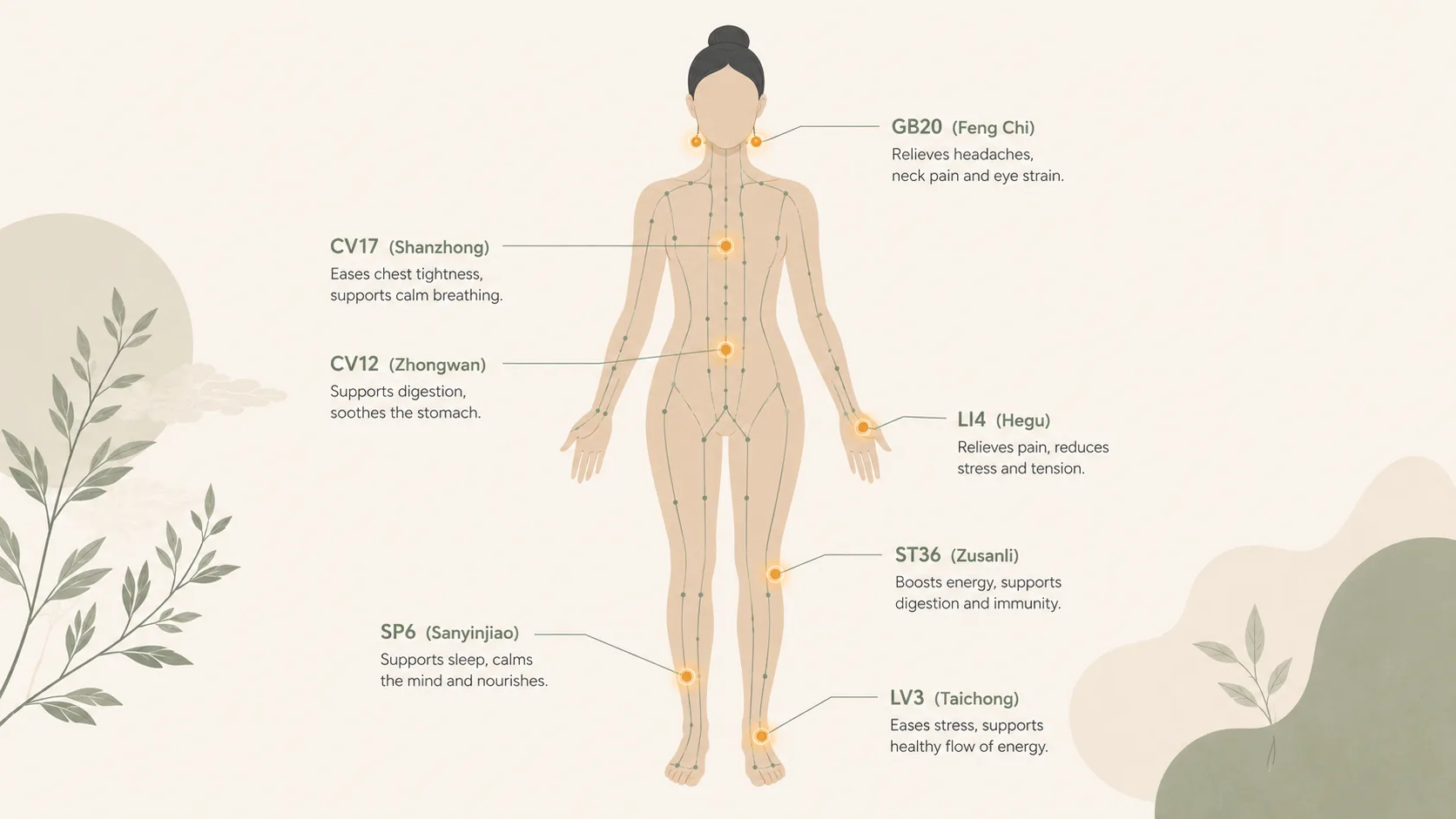 Acupressure points map of the body showing GB20, LI4, ST36, SP6, CV12, CV17 and LV3 and the conditions each point helps with.
