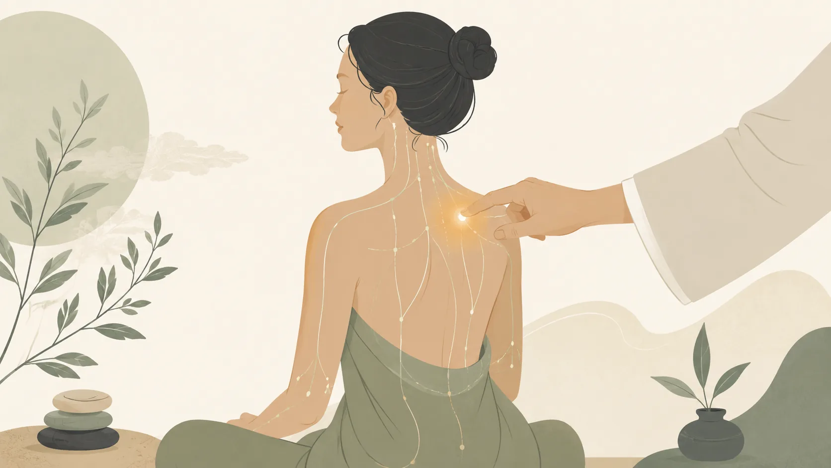 What is acupressure — a therapist applies gentle finger pressure to a seated client's shoulder, with soft meridian energy lines along the body.