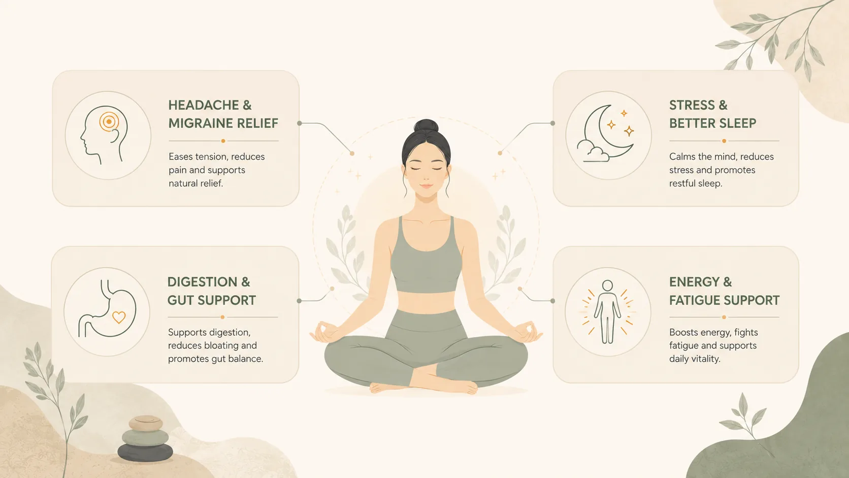 What acupressure helps with — headache and migraine relief, stress and better sleep, digestion and gut support, and energy and fatigue support.